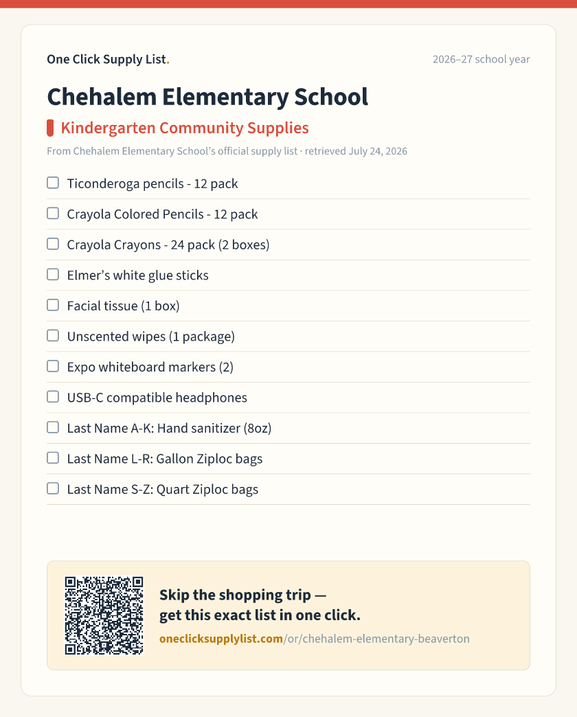 Chehalem Elementary School Kindergarten Community Supplies supply list — printable image