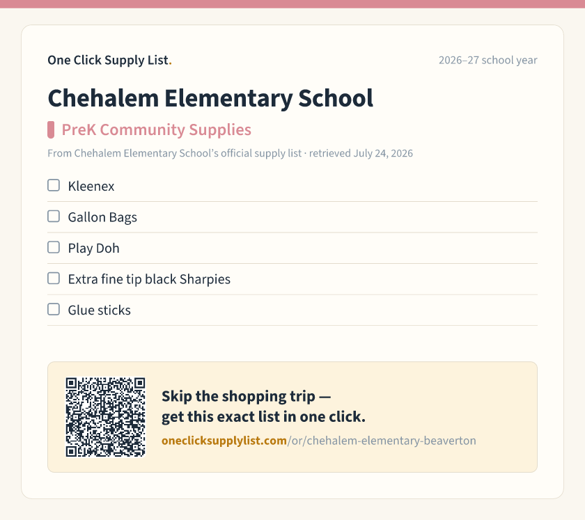 Chehalem Elementary School PreK Community Supplies supply list — printable image