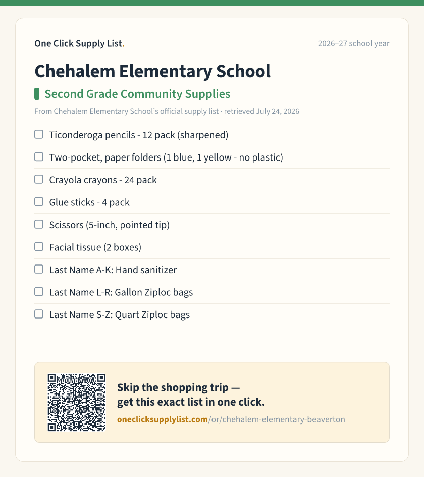 Chehalem Elementary School Second Grade Community Supplies supply list — printable image