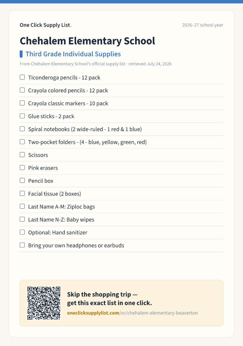 Chehalem Elementary School Third Grade Individual Supplies supply list — printable image