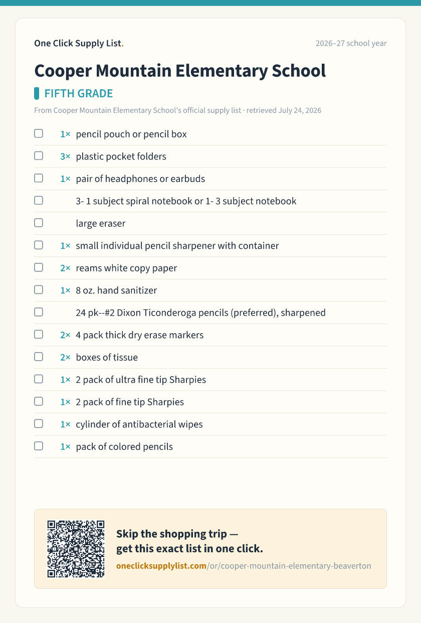Cooper Mountain Elementary School FIFTH GRADE supply list — printable image