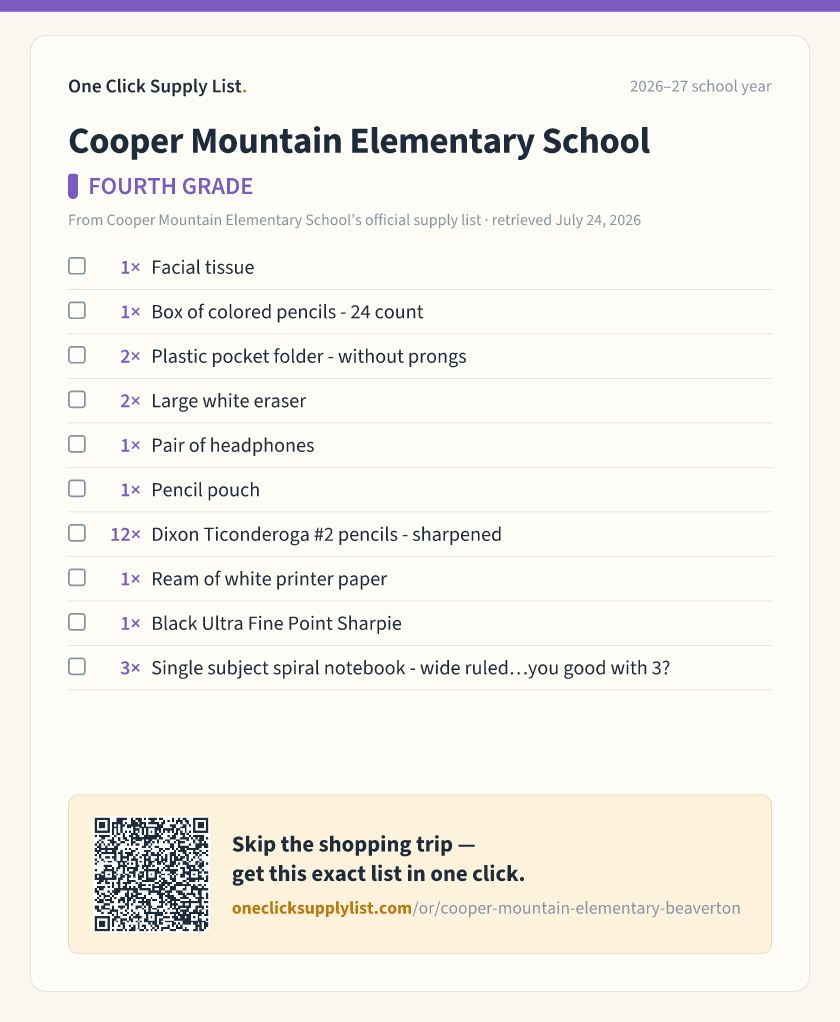 Cooper Mountain Elementary School FOURTH GRADE supply list — printable image