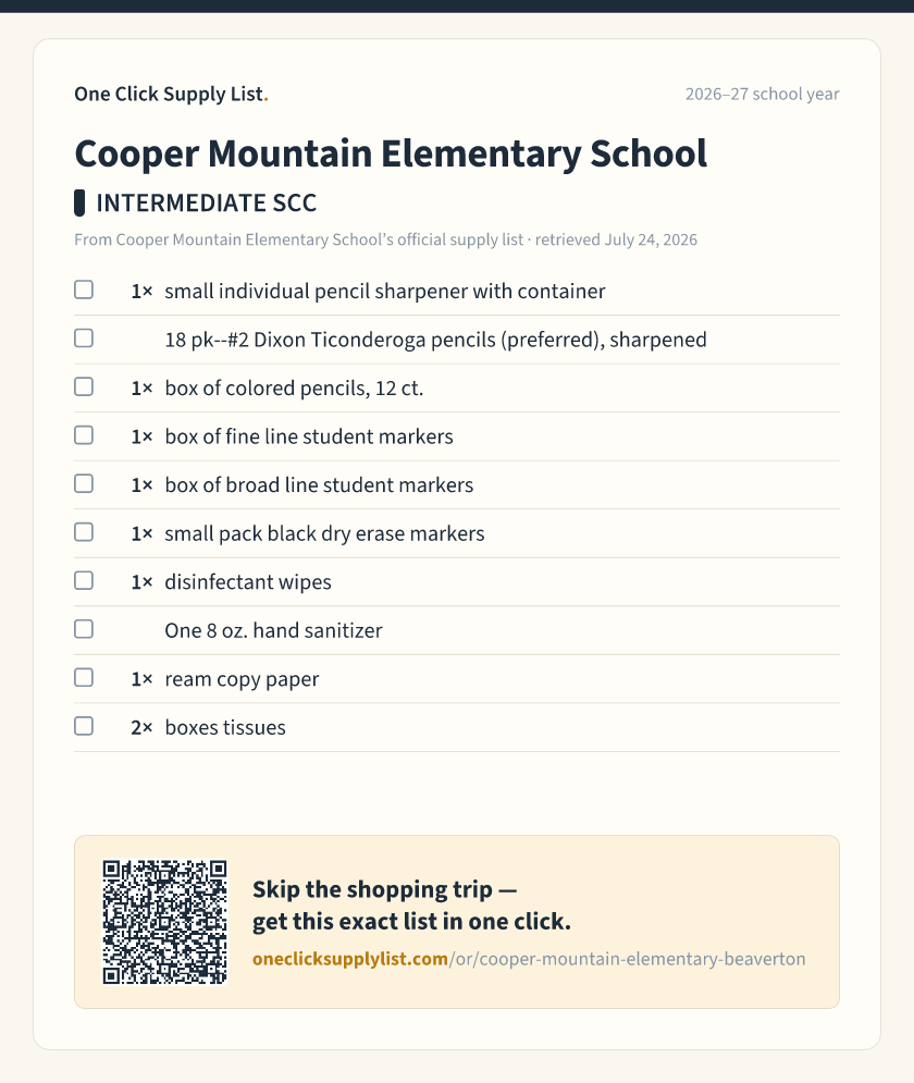 Cooper Mountain Elementary School INTERMEDIATE SCC supply list — printable image