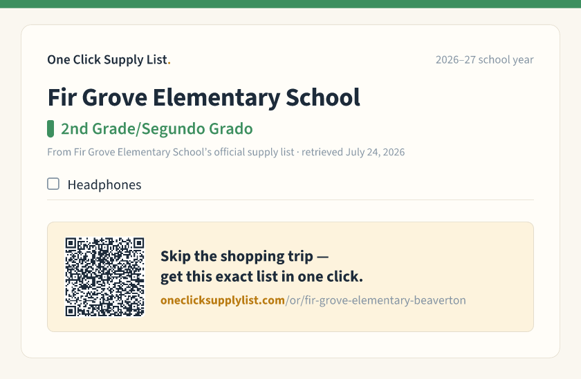 Fir Grove Elementary School 2nd Grade/Segundo Grado supply list — printable image