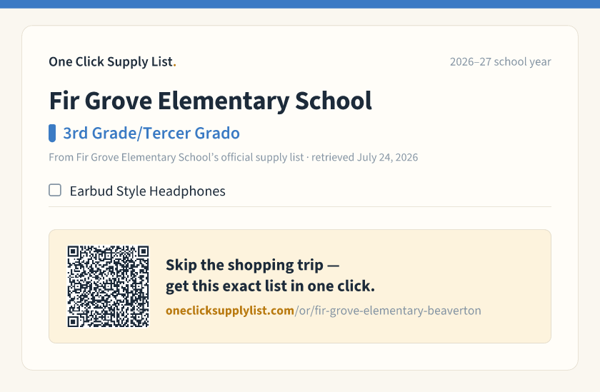 Fir Grove Elementary School 3rd Grade/Tercer Grado supply list — printable image