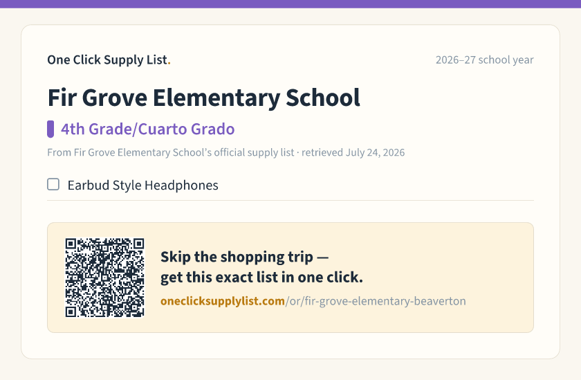 Fir Grove Elementary School 4th Grade/Cuarto Grado supply list — printable image