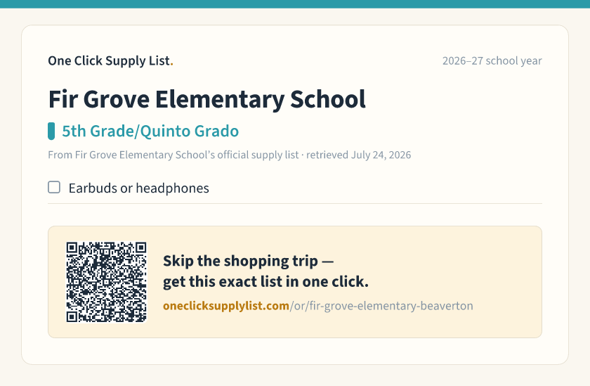 Fir Grove Elementary School 5th Grade/Quinto Grado supply list — printable image