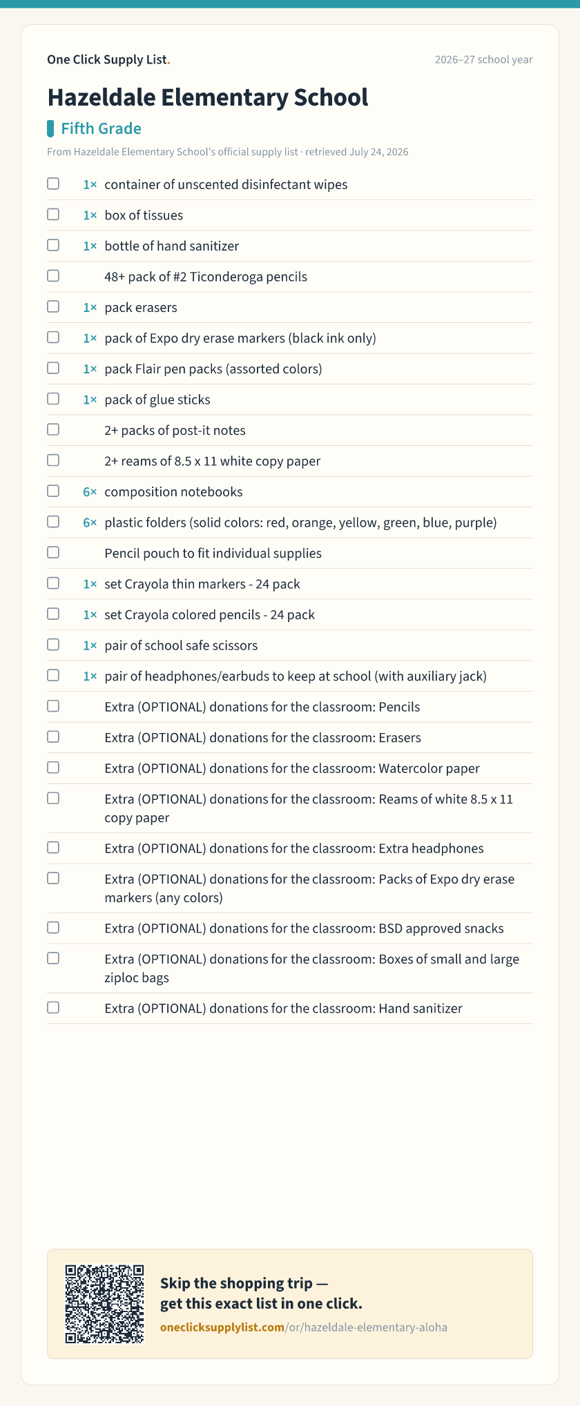 Hazeldale Elementary School Fifth Grade supply list — printable image
