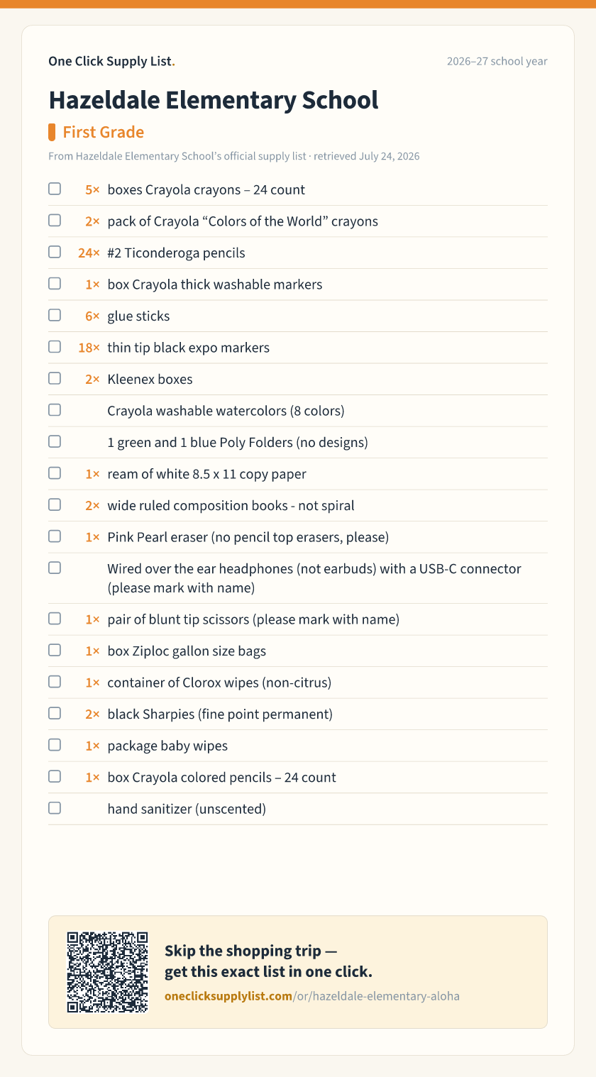Hazeldale Elementary School First Grade supply list — printable image