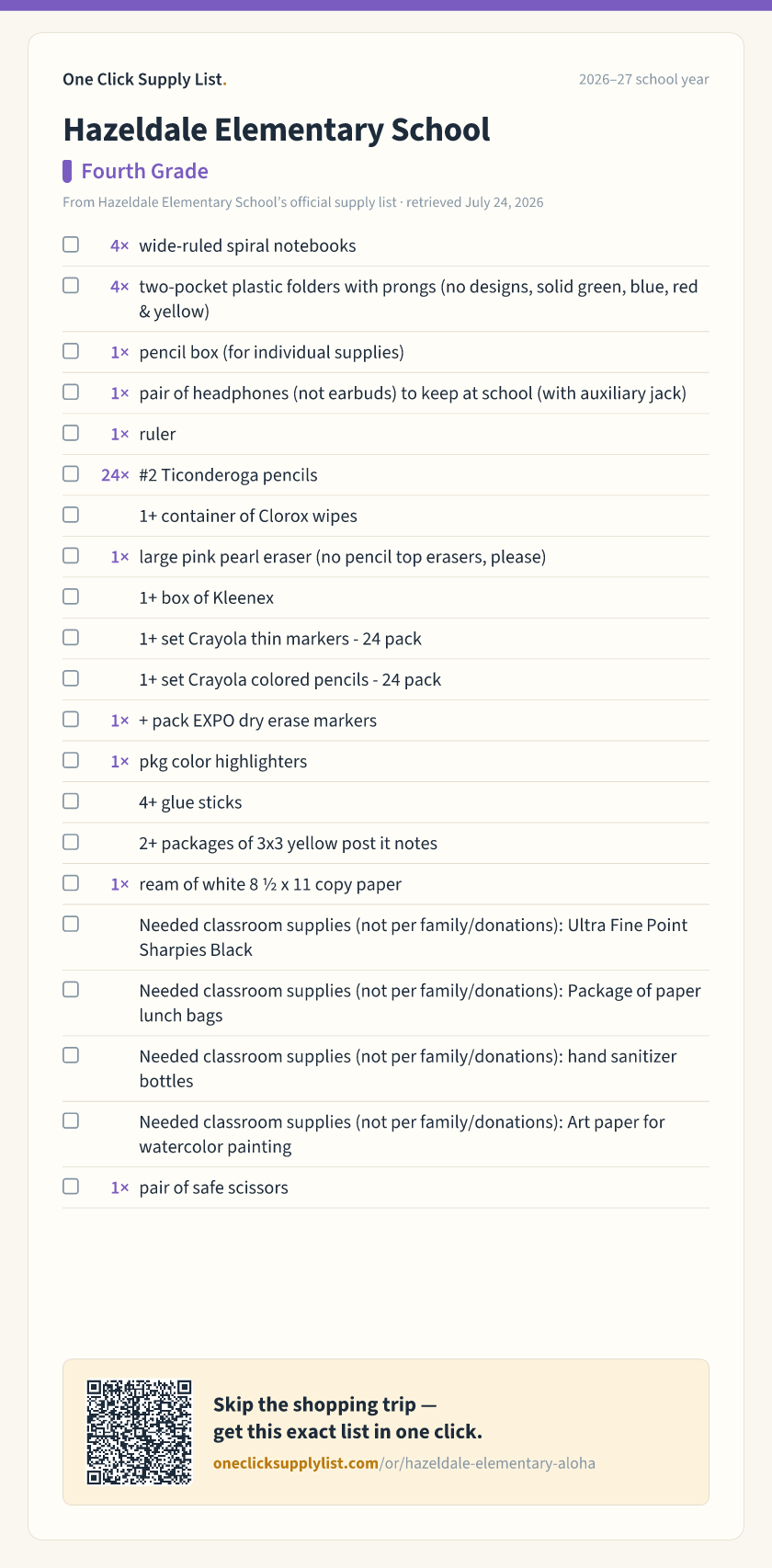 Hazeldale Elementary School Fourth Grade supply list — printable image