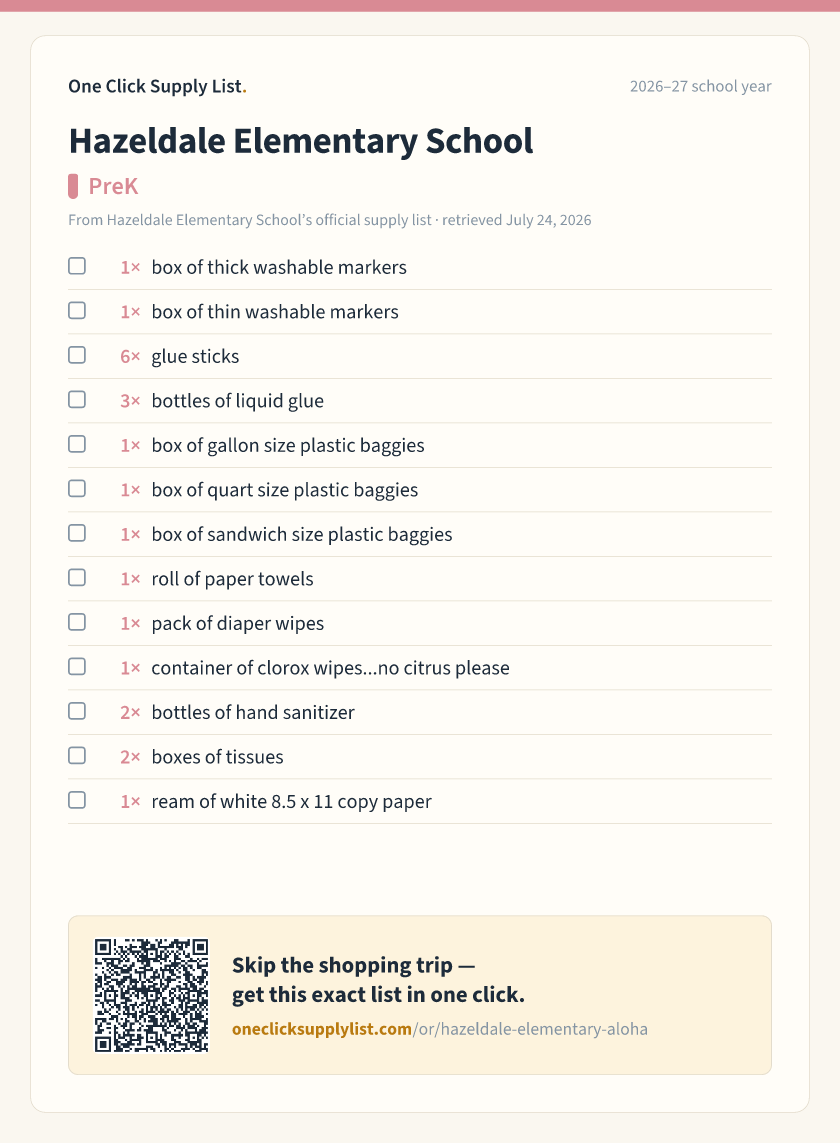 Hazeldale Elementary School PreK supply list — printable image