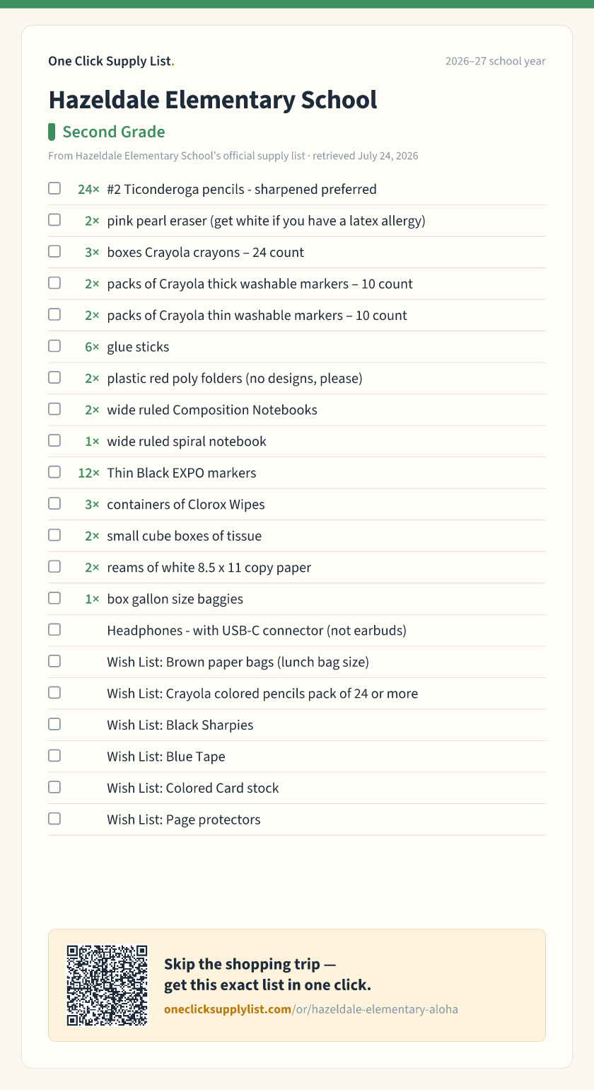 Hazeldale Elementary School Second Grade supply list — printable image