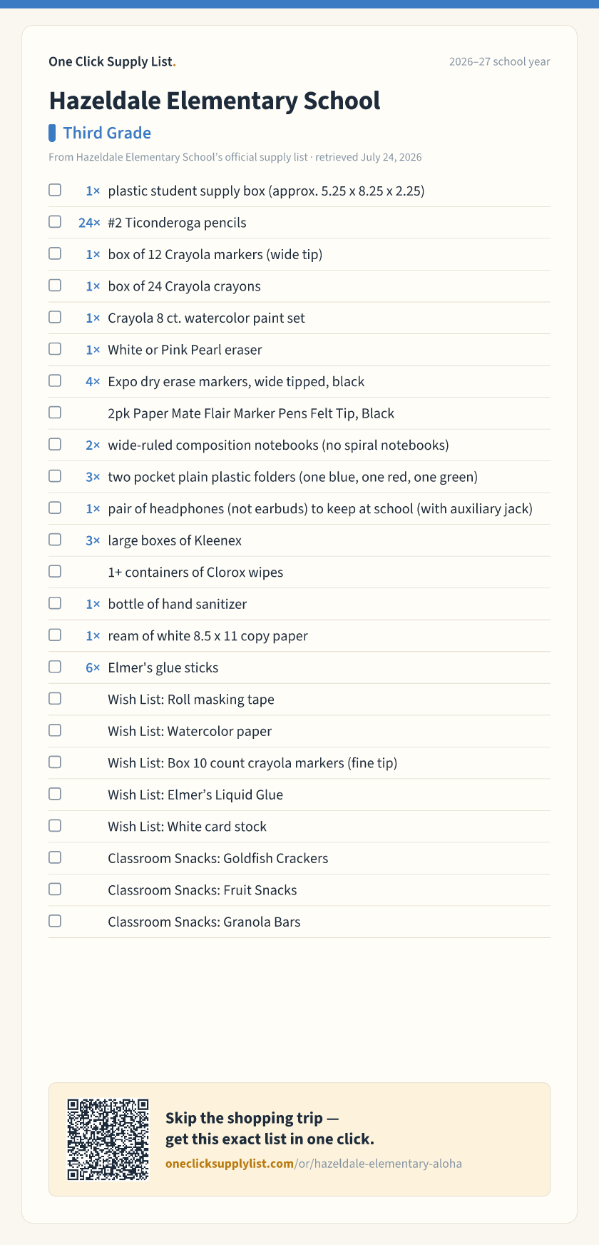 Hazeldale Elementary School Third Grade supply list — printable image