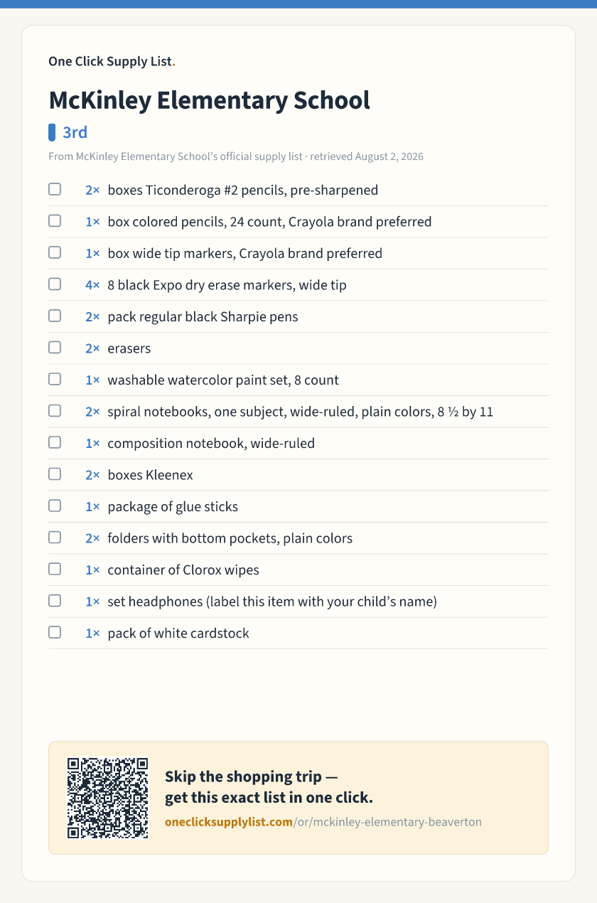 McKinley Elementary School 3rd supply list — printable image
