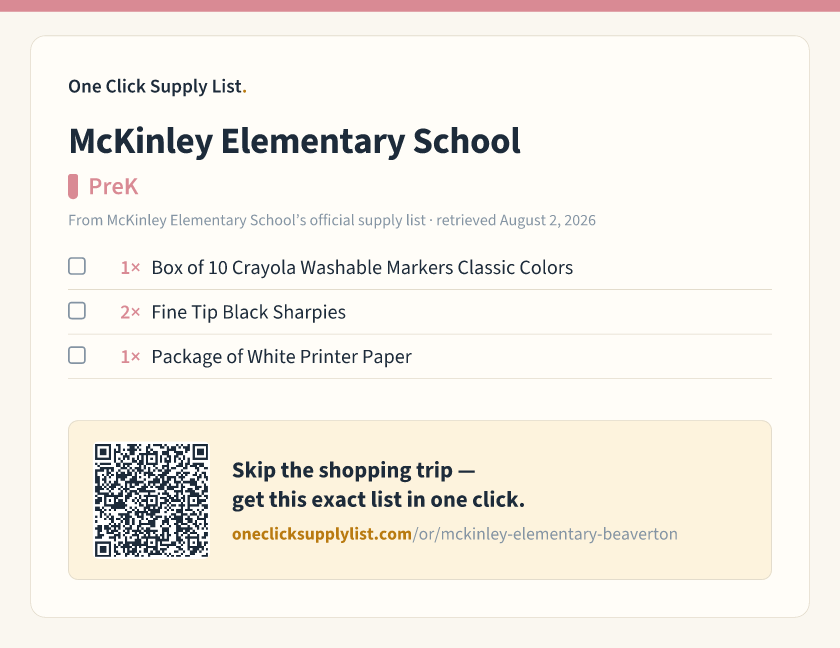 McKinley Elementary School PreK supply list — printable image