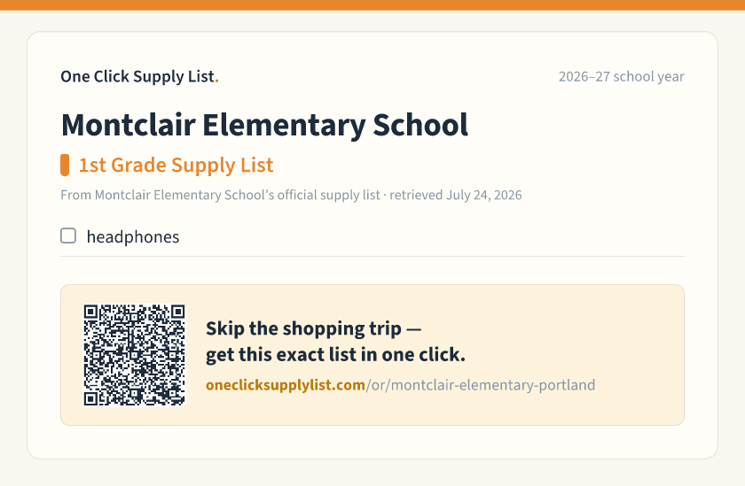 Montclair Elementary School 1st Grade Supply List supply list — printable image