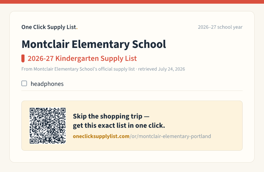 Montclair Elementary School 2026-27 Kindergarten Supply List supply list — printable image
