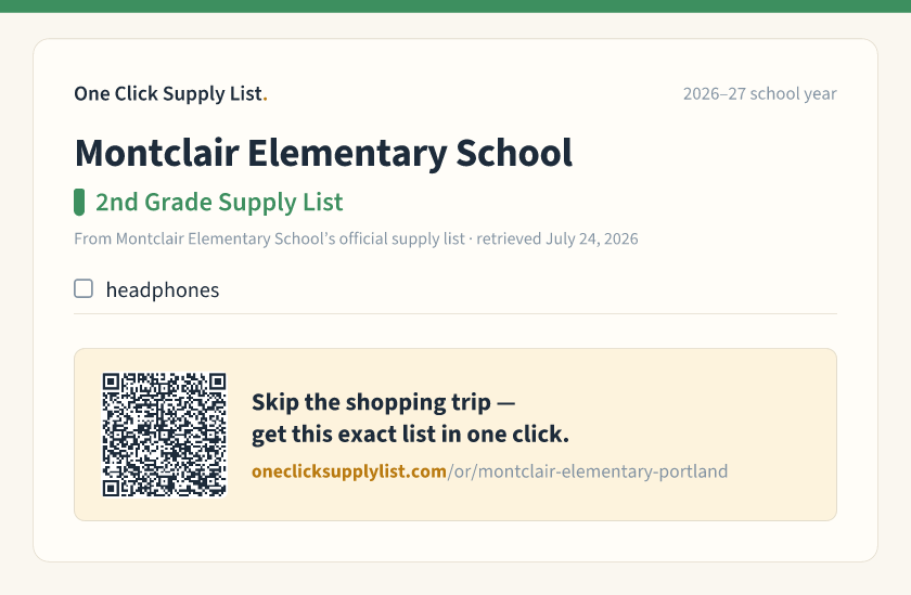 Montclair Elementary School 2nd Grade Supply List supply list — printable image