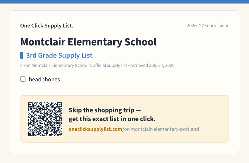 Montclair Elementary School 3rd Grade Supply List supply list — printable image