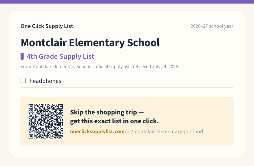 Montclair Elementary School 4th Grade Supply List supply list — printable image