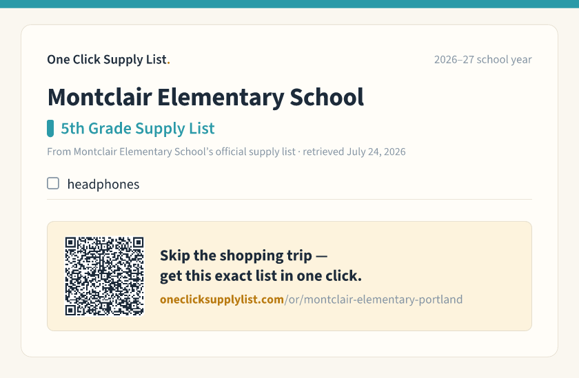 Montclair Elementary School 5th Grade Supply List supply list — printable image