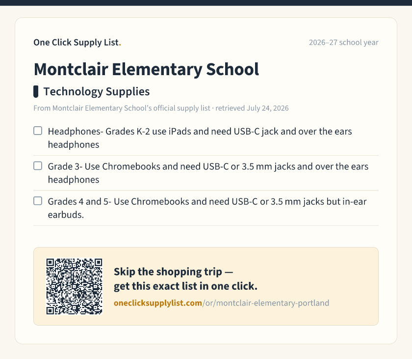 Montclair Elementary School Technology Supplies supply list — printable image