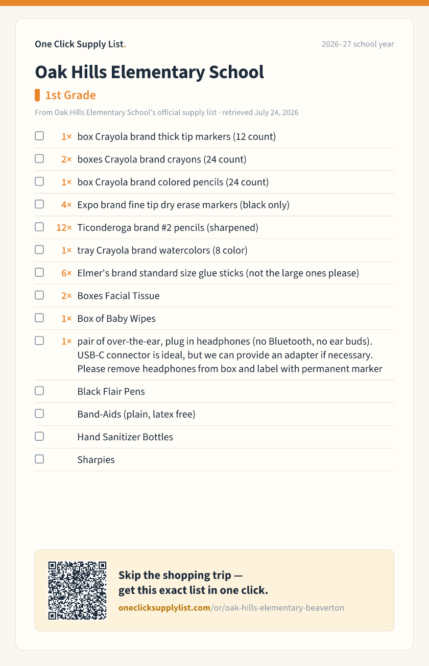 Oak Hills Elementary School 1st Grade supply list — printable image