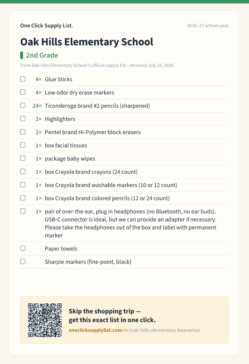 Oak Hills Elementary School 2nd Grade supply list — printable image