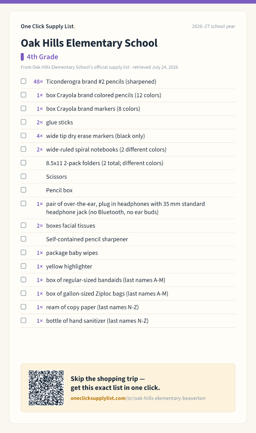Oak Hills Elementary School 4th Grade supply list — printable image