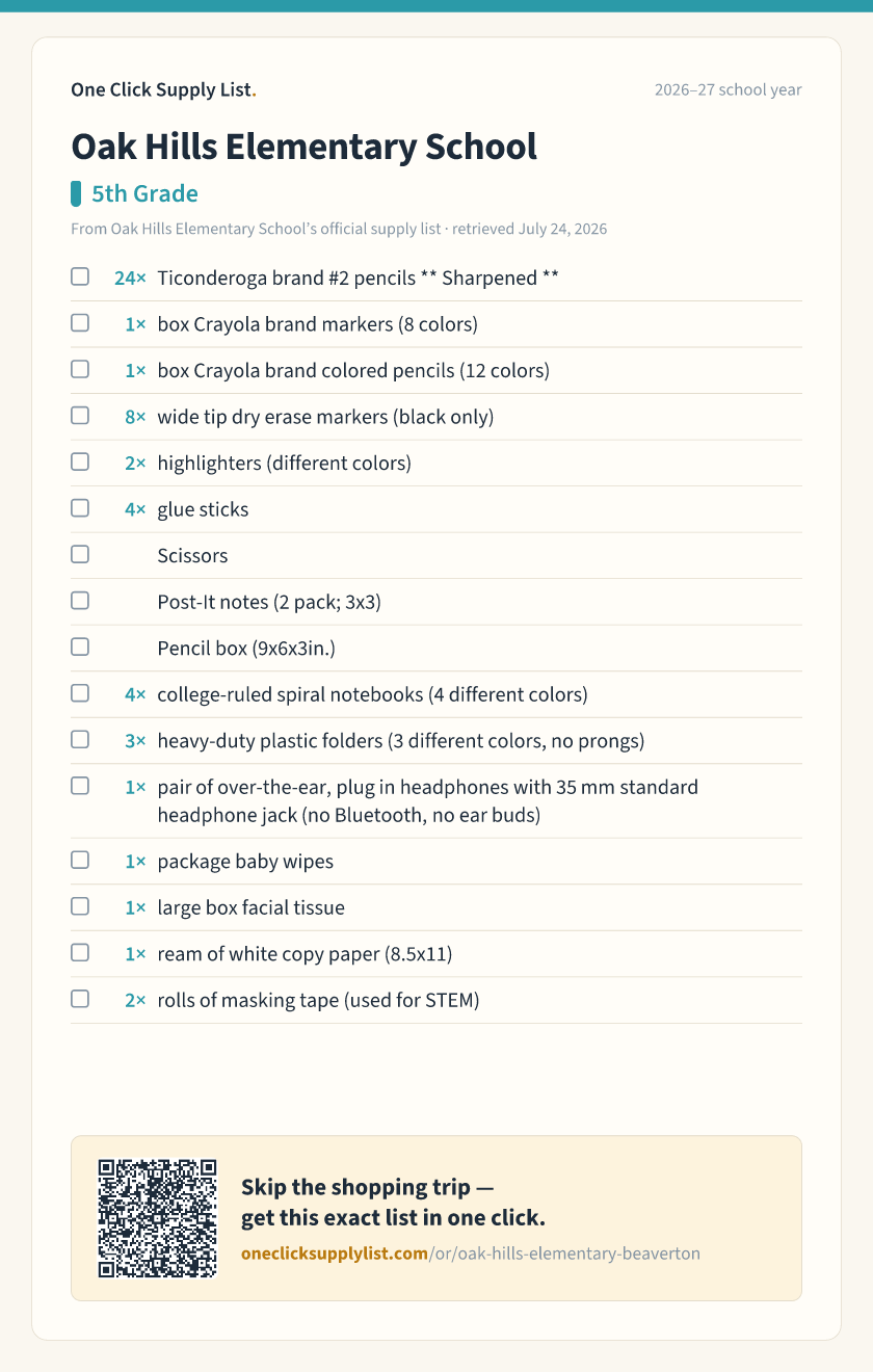 Oak Hills Elementary School 5th Grade supply list — printable image