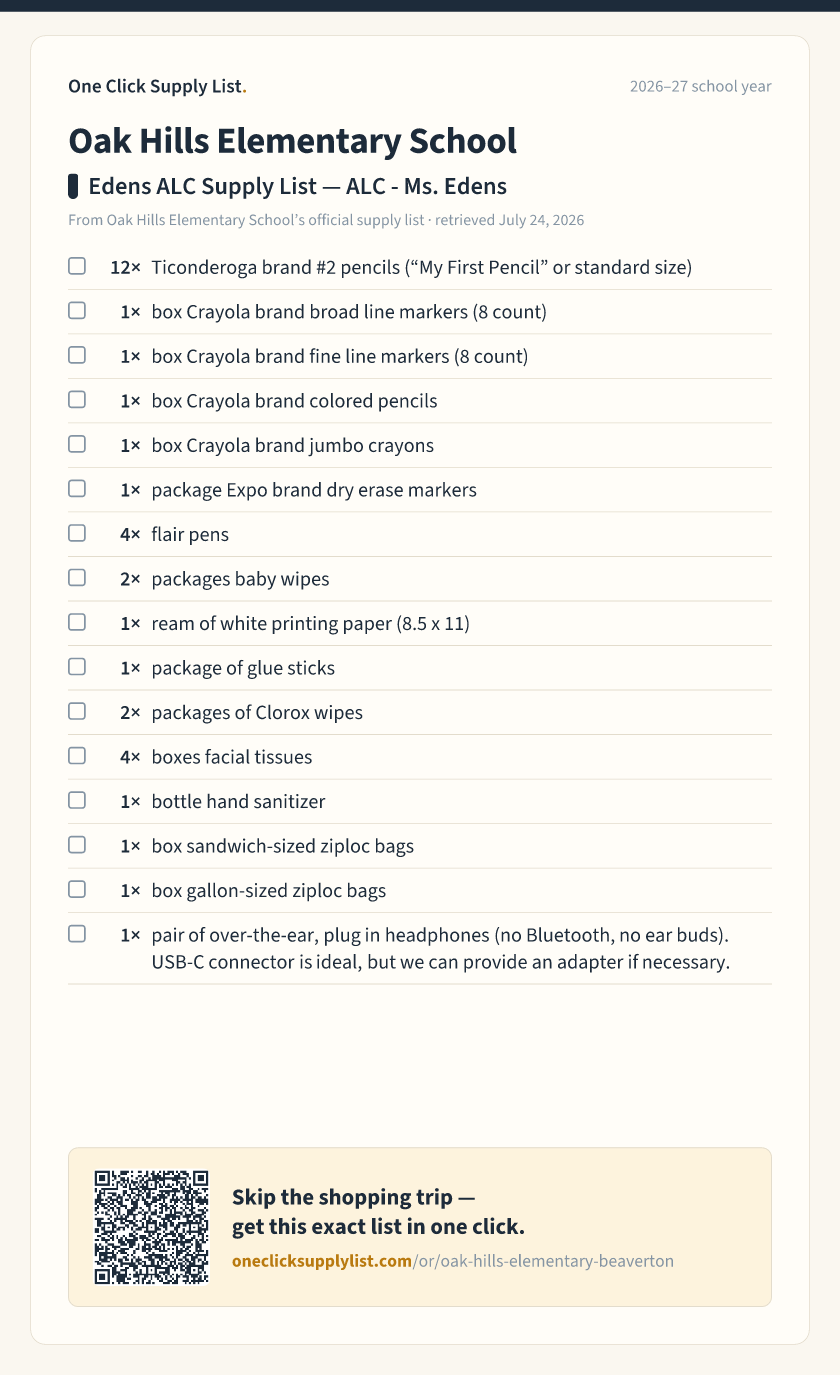 Oak Hills Elementary School Edens ALC Supply List — ALC - Ms. Edens supply list — printable image