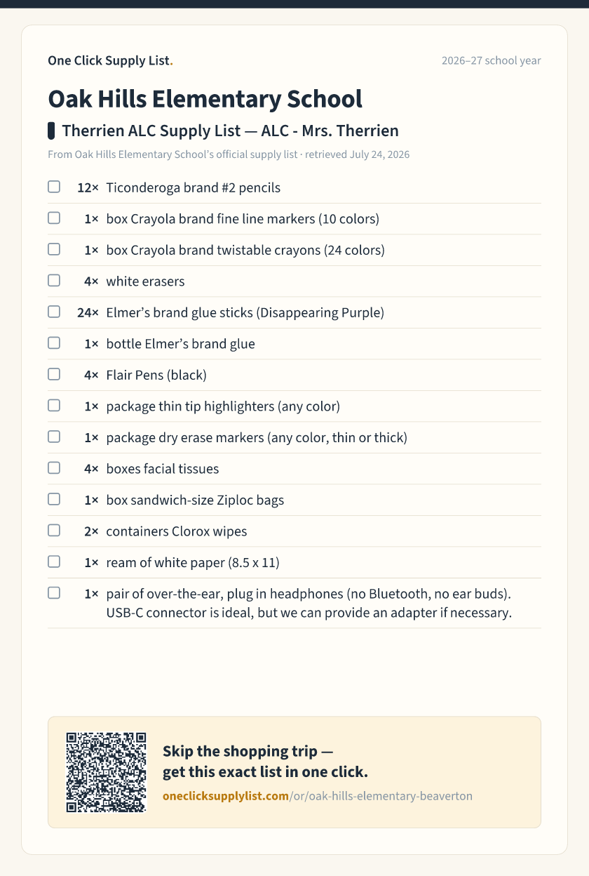 Oak Hills Elementary School Therrien ALC Supply List — ALC - Mrs. Therrien supply list — printable image