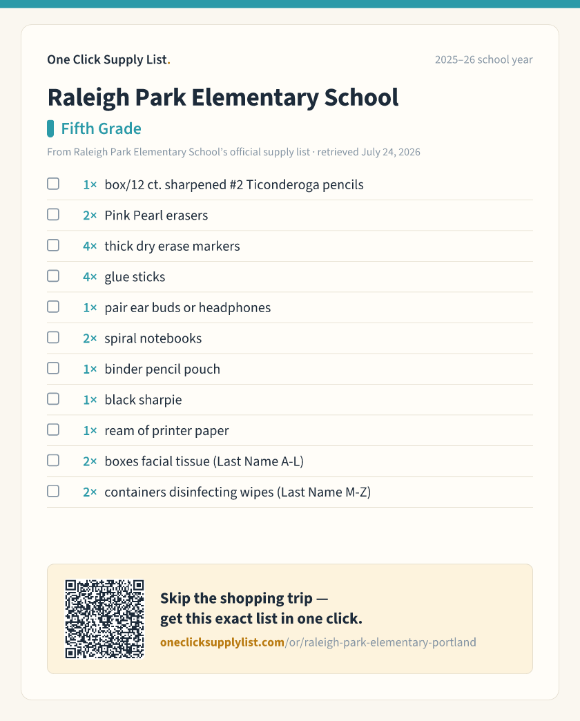 Raleigh Park Elementary School Fifth Grade supply list — printable image