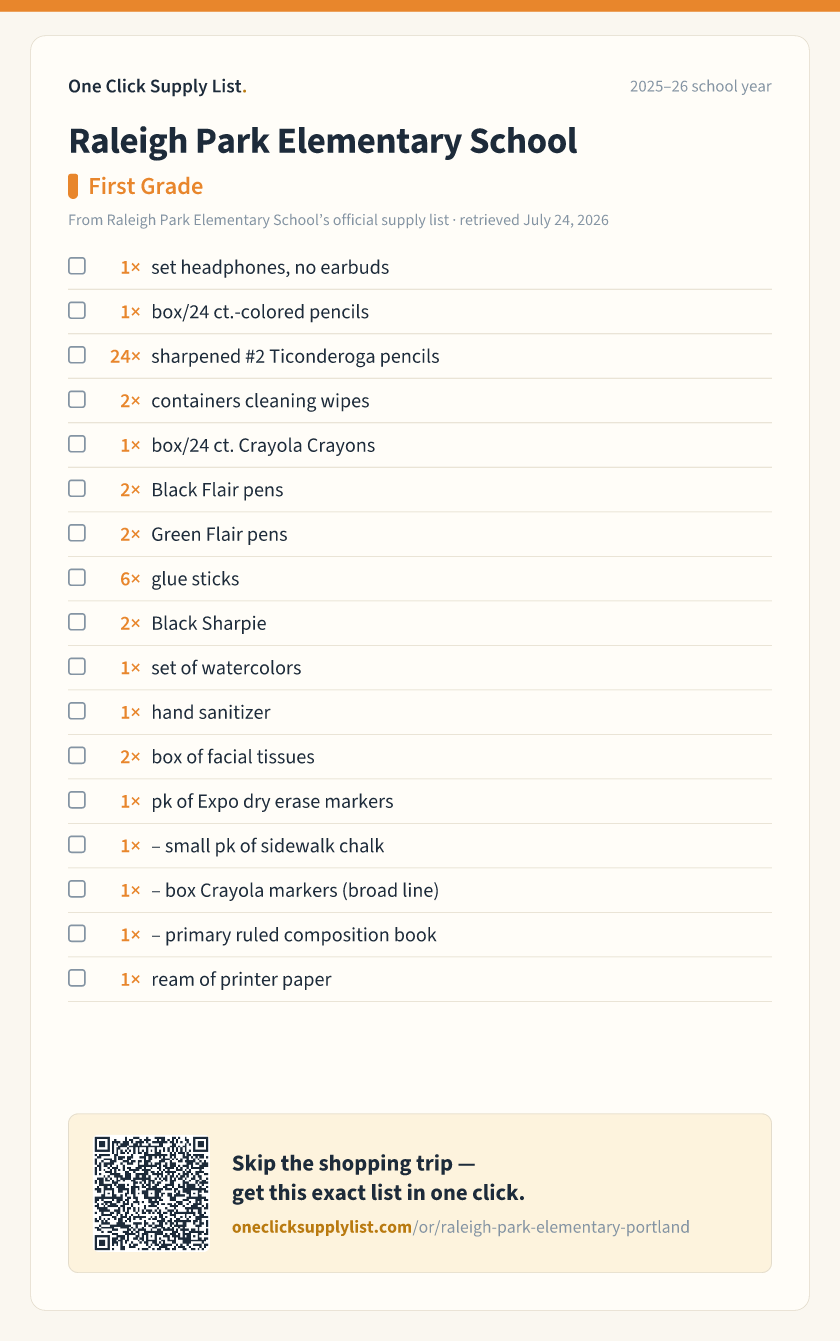 Raleigh Park Elementary School First Grade supply list — printable image