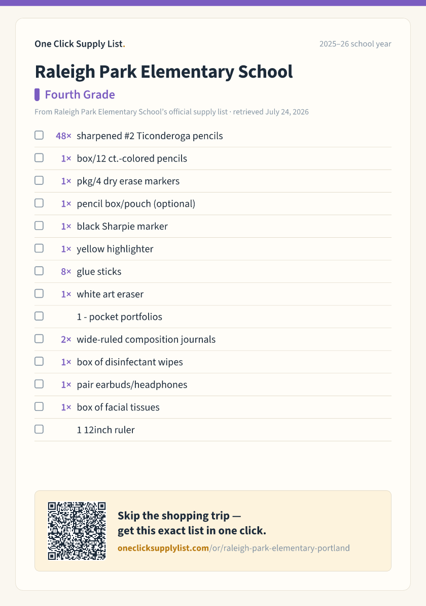 Raleigh Park Elementary School Fourth Grade supply list — printable image