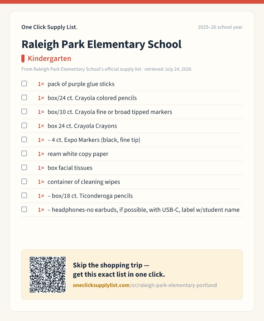 Raleigh Park Elementary School Kindergarten supply list — printable image