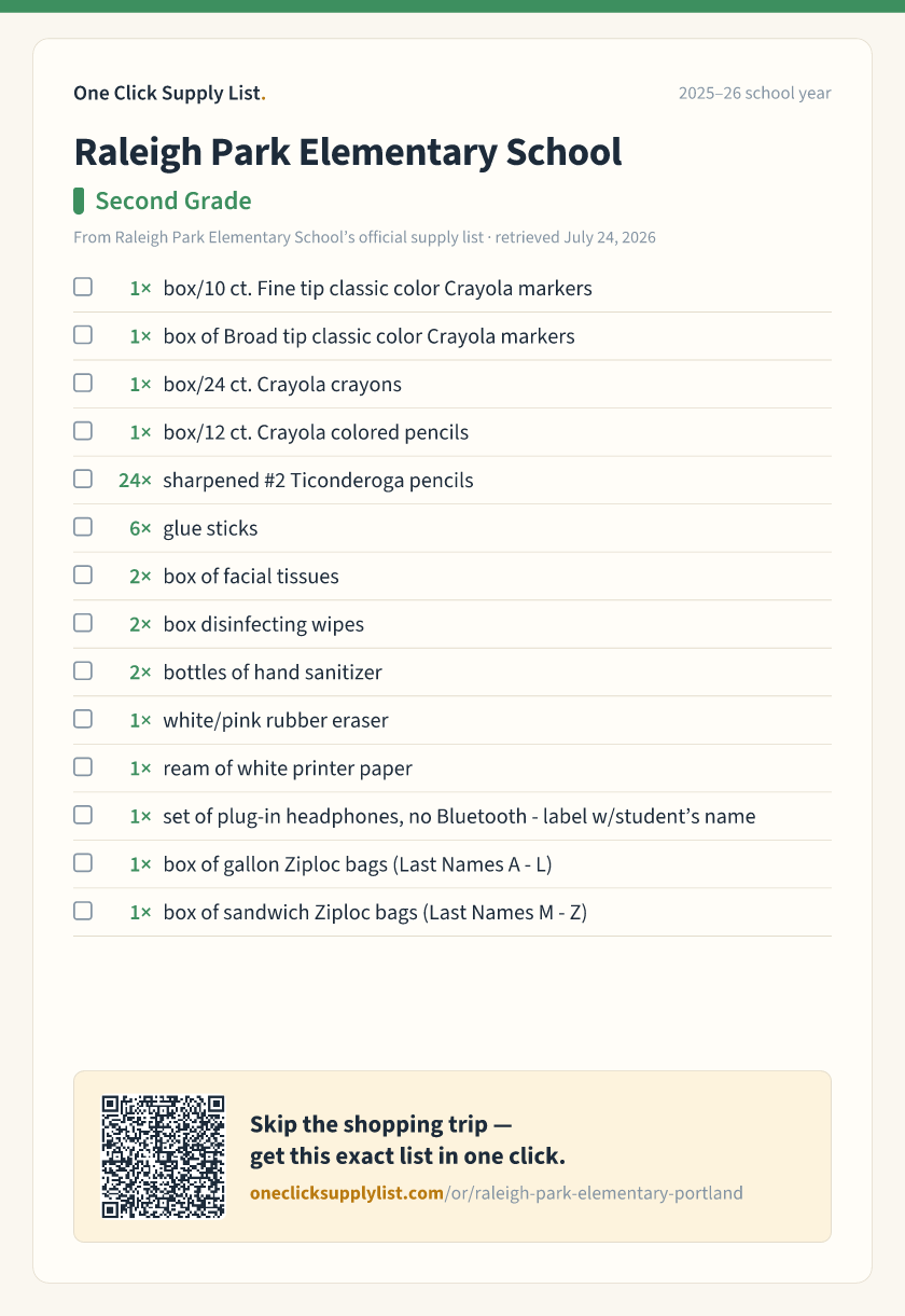 Raleigh Park Elementary School Second Grade supply list — printable image