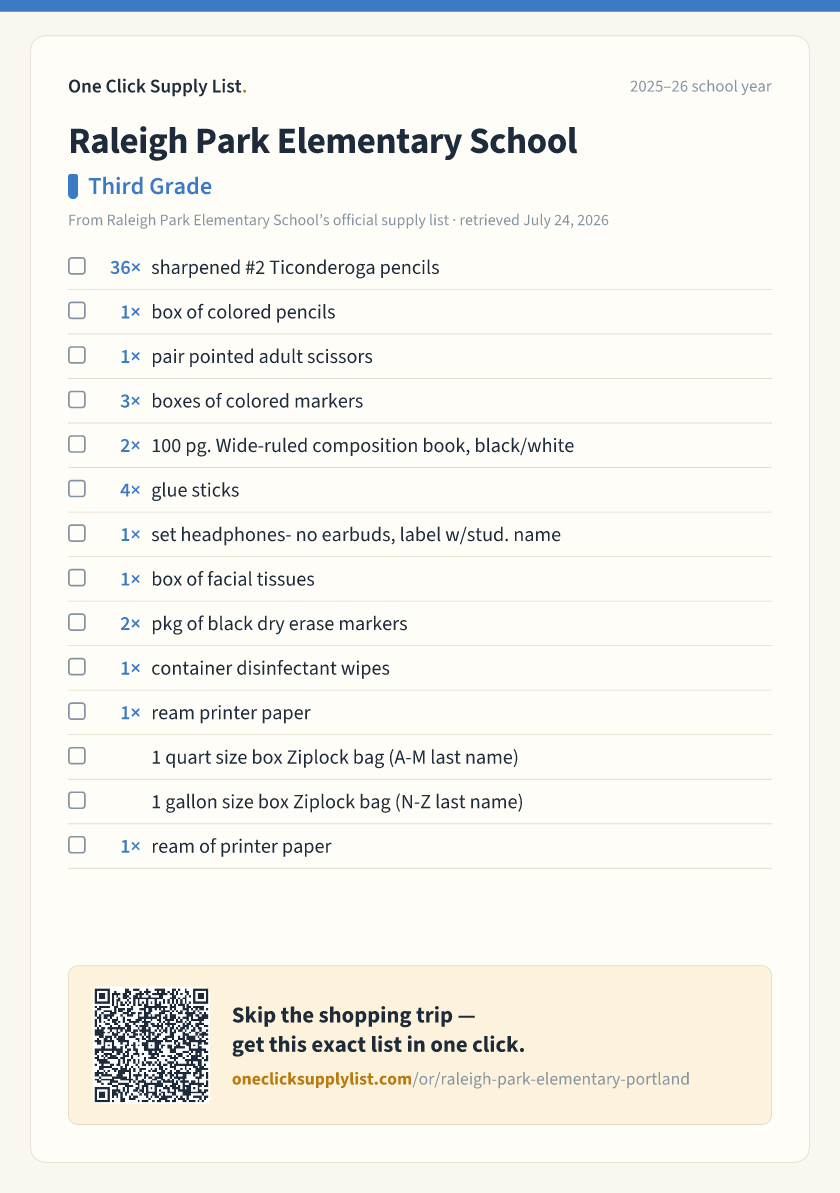 Raleigh Park Elementary School Third Grade supply list — printable image