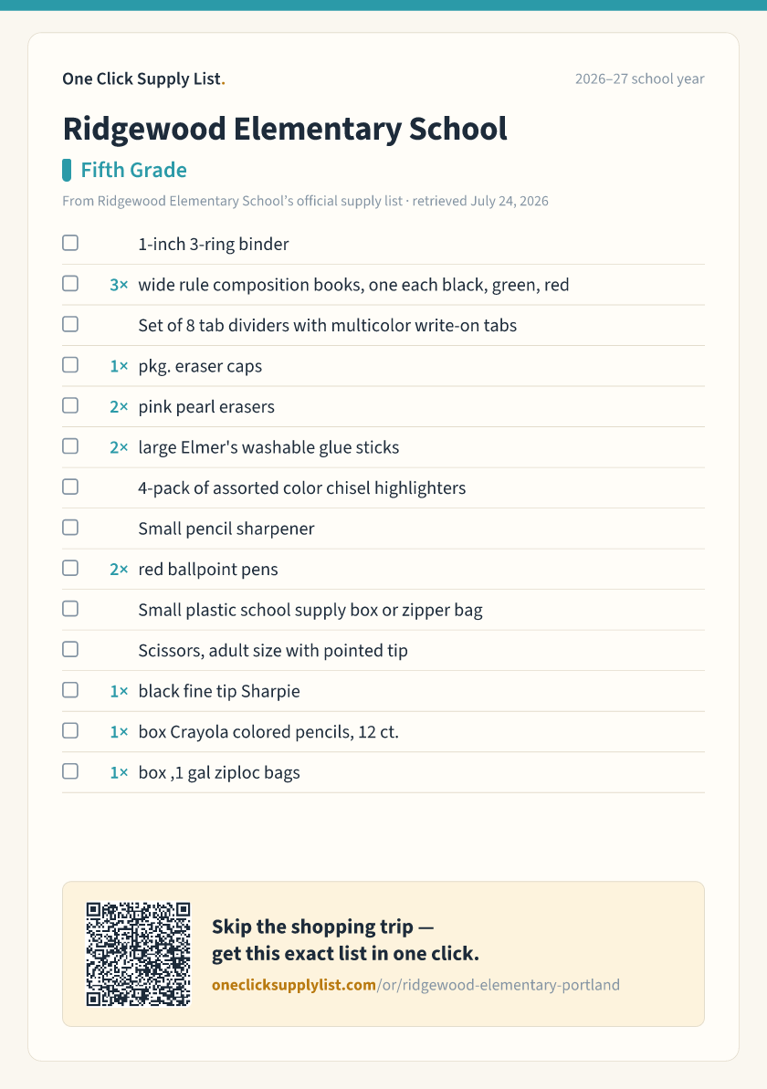Ridgewood Elementary School Fifth Grade supply list — printable image