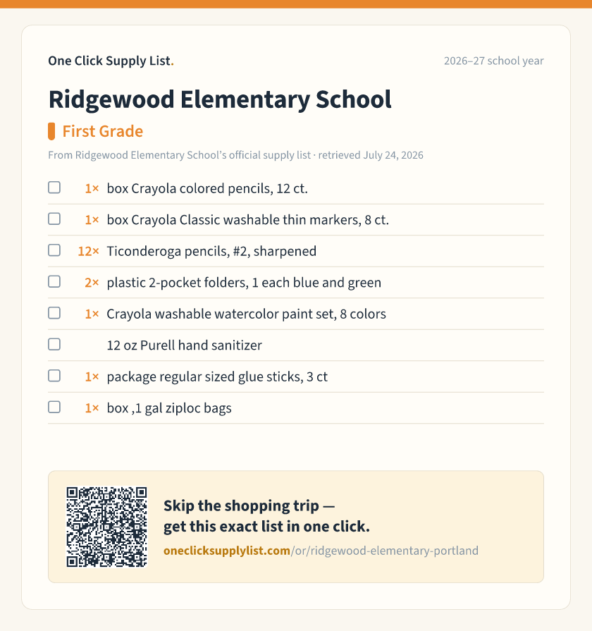 Ridgewood Elementary School First Grade supply list — printable image