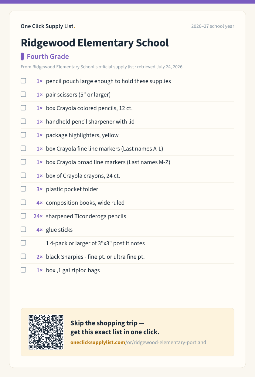 Ridgewood Elementary School Fourth Grade supply list — printable image