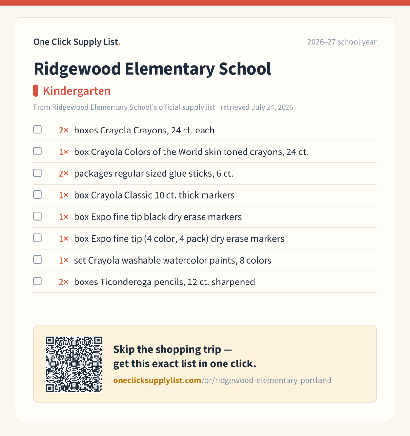 Ridgewood Elementary School Kindergarten supply list — printable image
