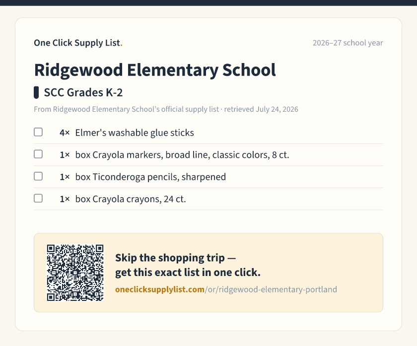 Ridgewood Elementary School SCC Grades K-2 supply list — printable image