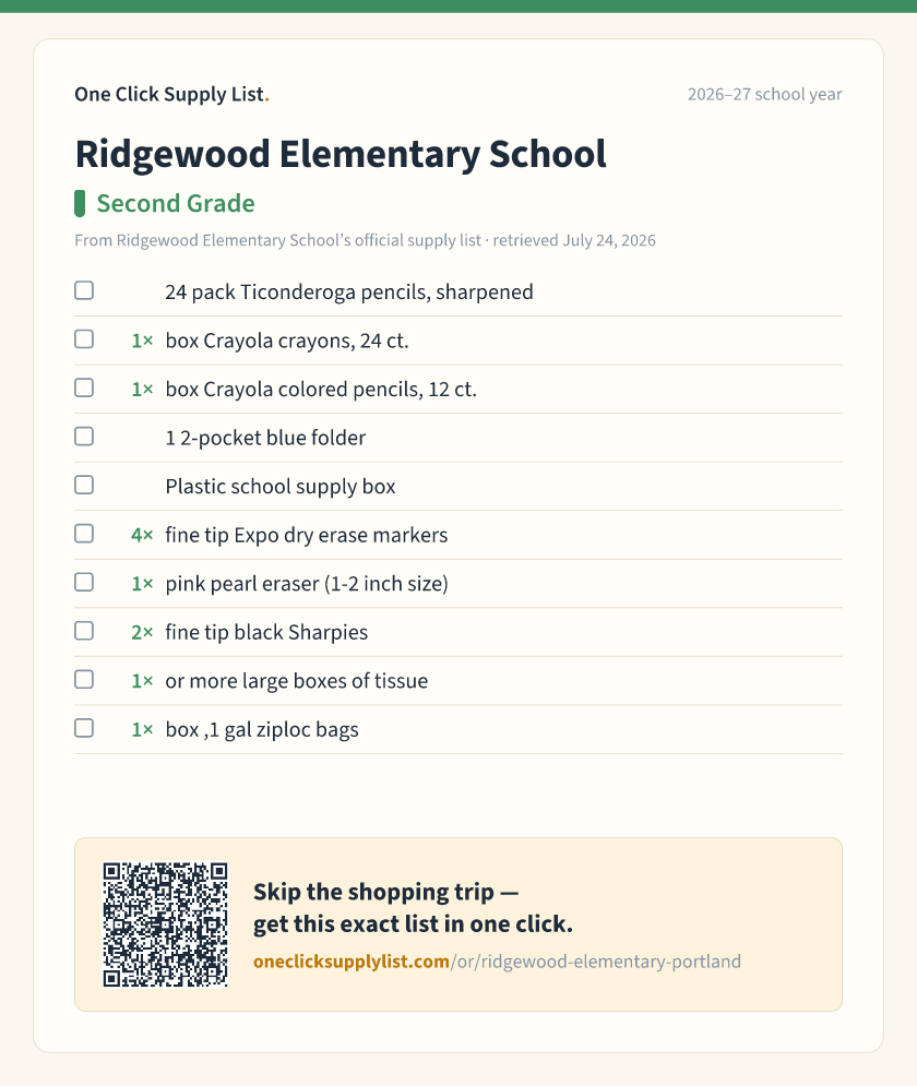 Ridgewood Elementary School Second Grade supply list — printable image