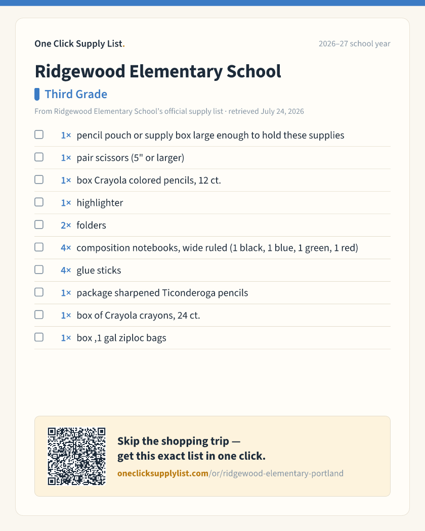 Ridgewood Elementary School Third Grade supply list — printable image