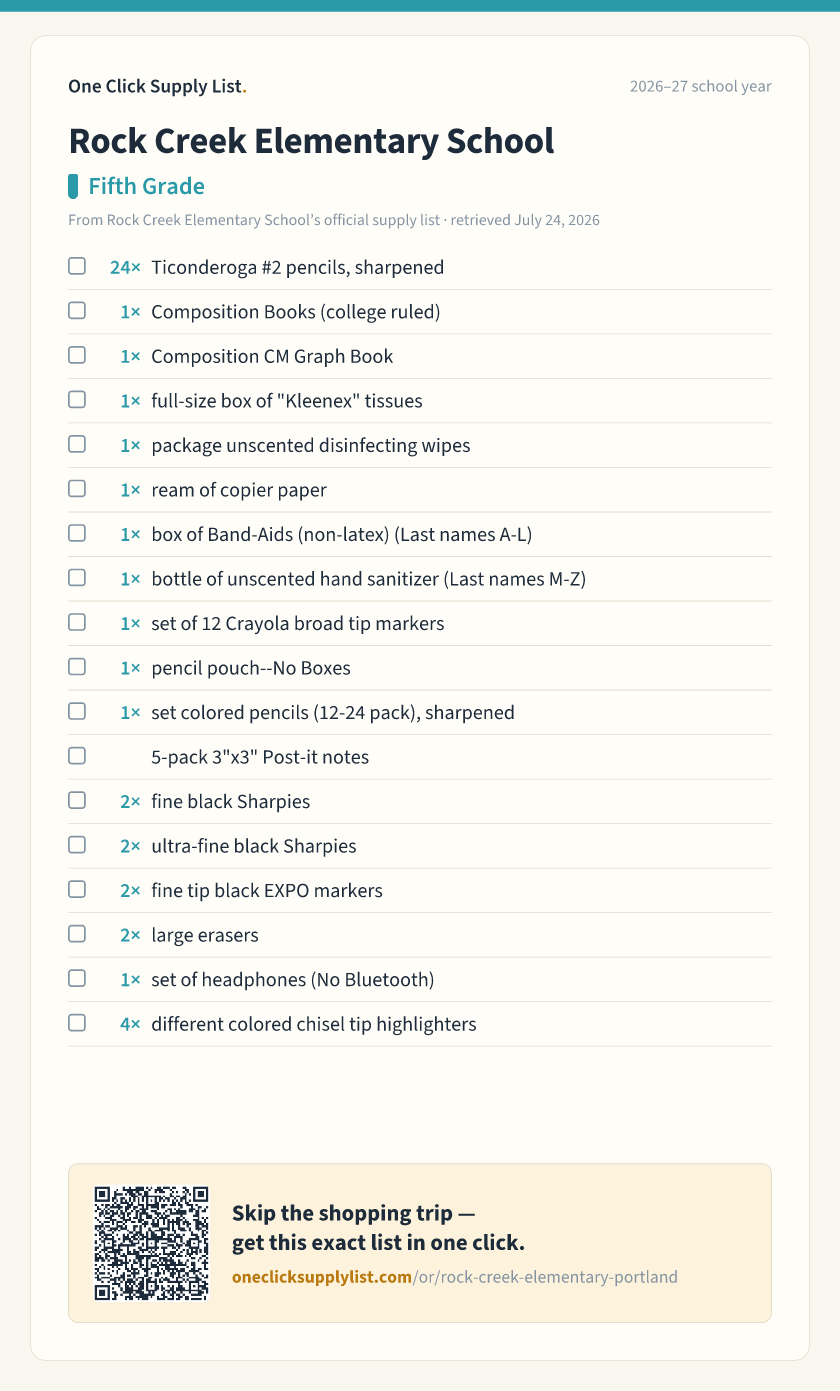 Rock Creek Elementary School Fifth Grade supply list — printable image