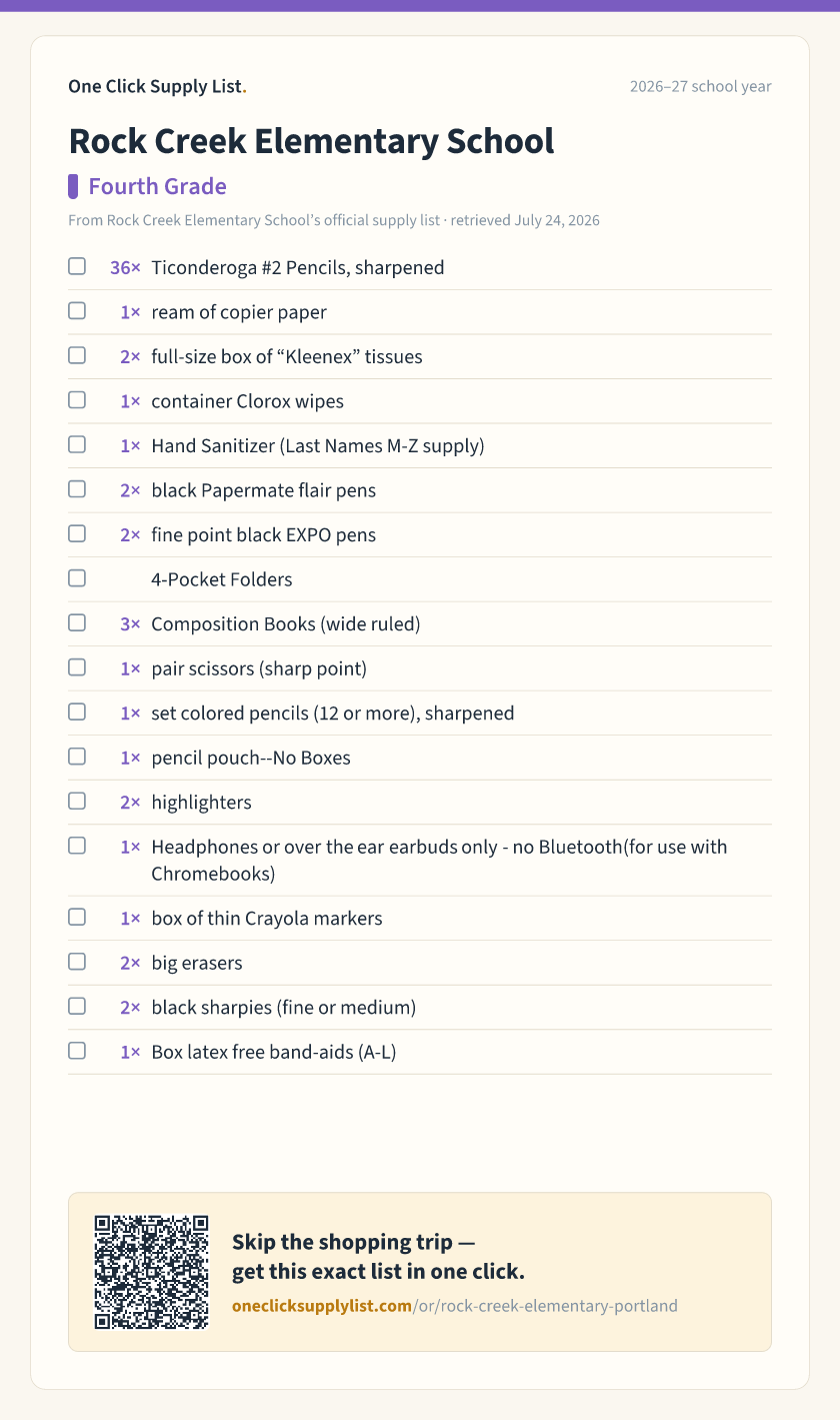 Rock Creek Elementary School Fourth Grade supply list — printable image