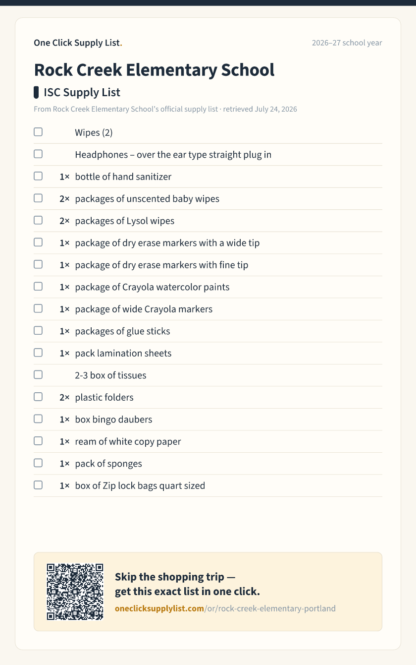 Rock Creek Elementary School ISC Supply List supply list — printable image