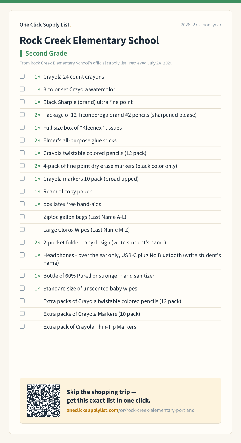 Rock Creek Elementary School Second Grade supply list — printable image