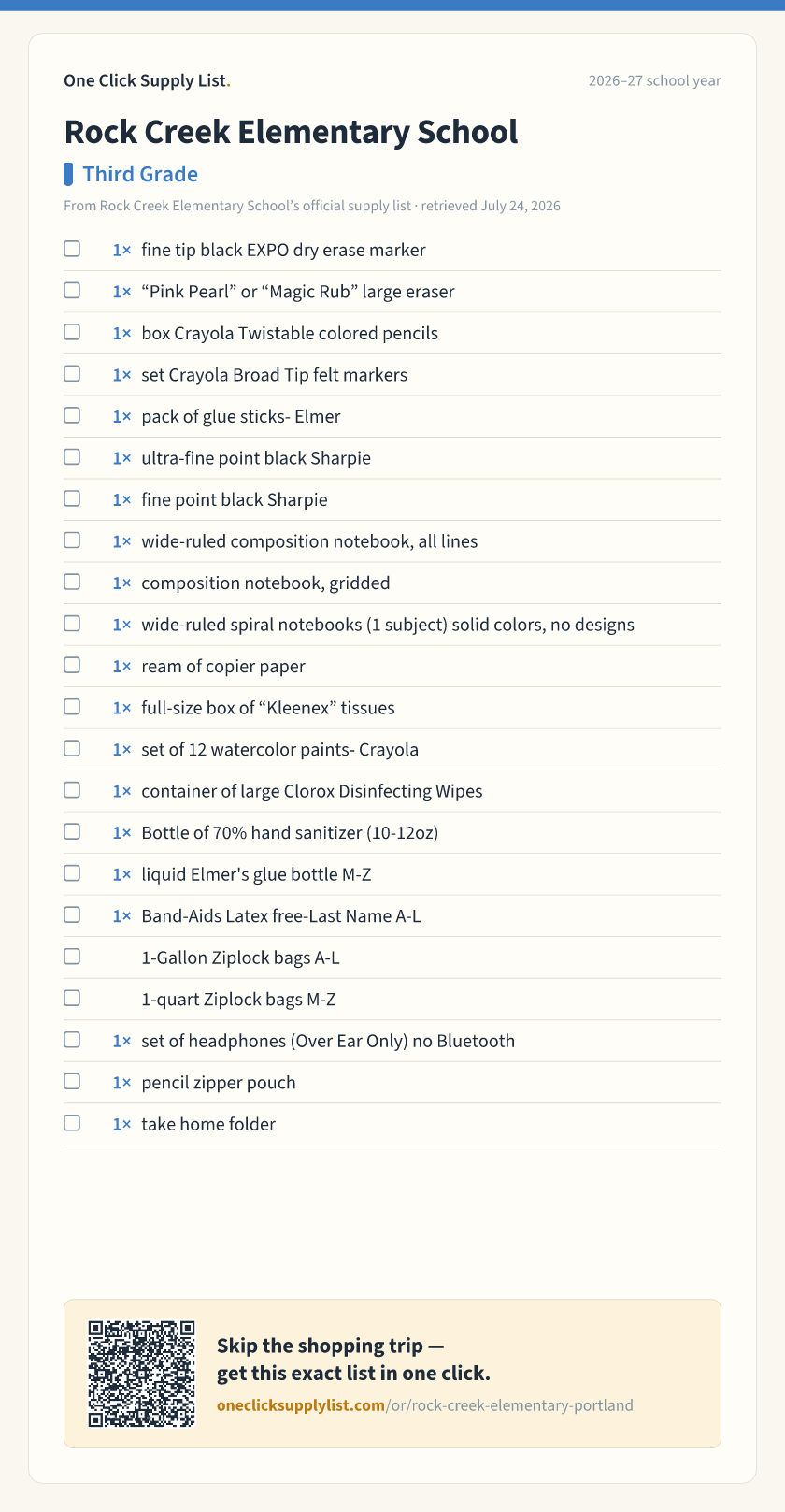 Rock Creek Elementary School Third Grade supply list — printable image